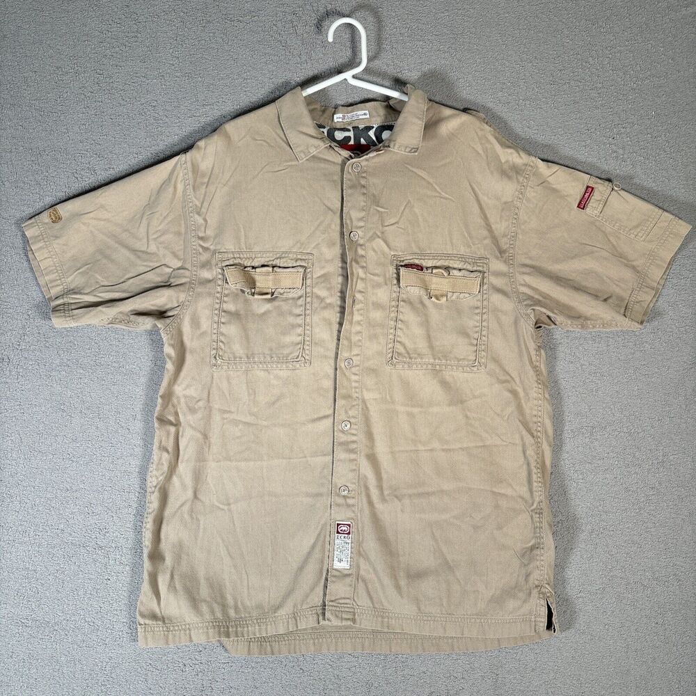 Ecko Unltd Button Down Utility Safari Style Shirt Men Size XL Tan Vented Ripstop